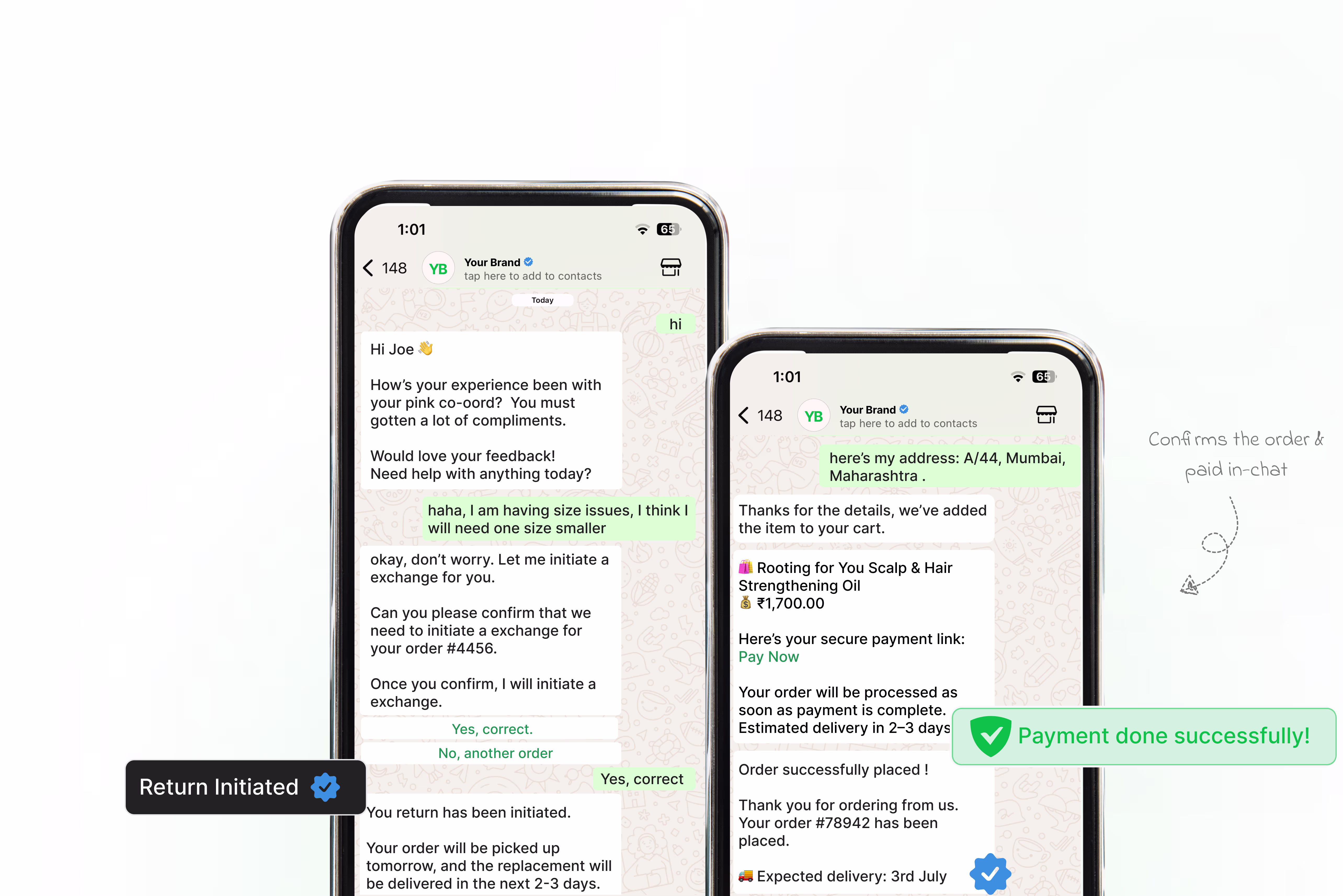 Full WhatsApp Commerce Experience from sending order confirmation to delivery and returns