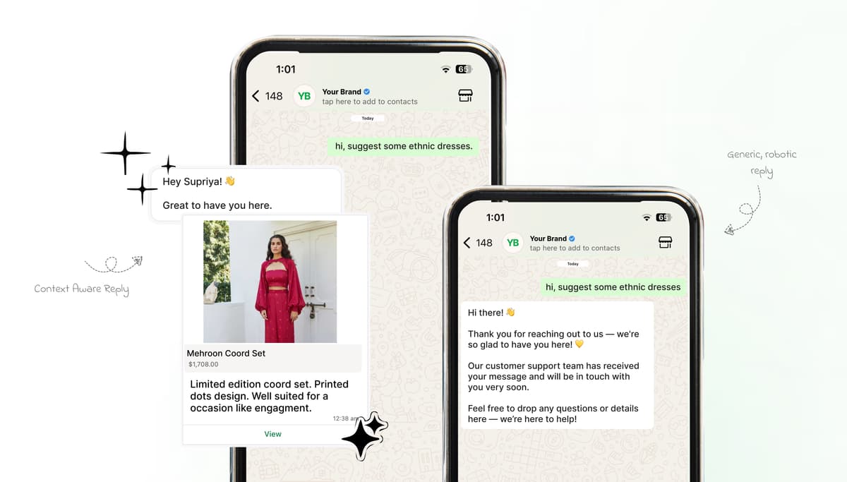 Comparison of how a human like ai give context aware support on whatsapp and how a normal chatbot gives generic responses