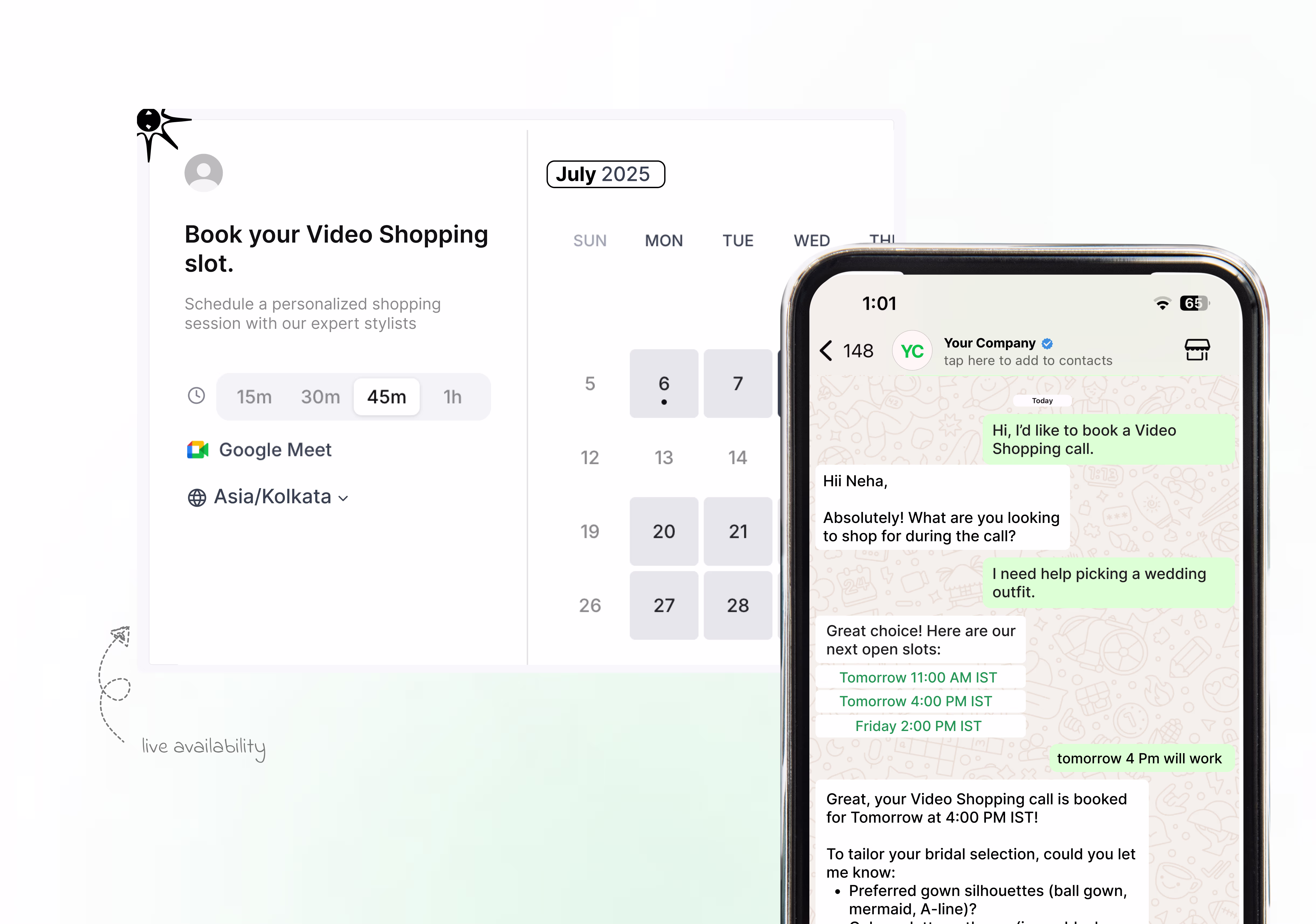 Wapikit AI eliminating scheduling delays and customer drop-off by showing live availability inside WhatsApp