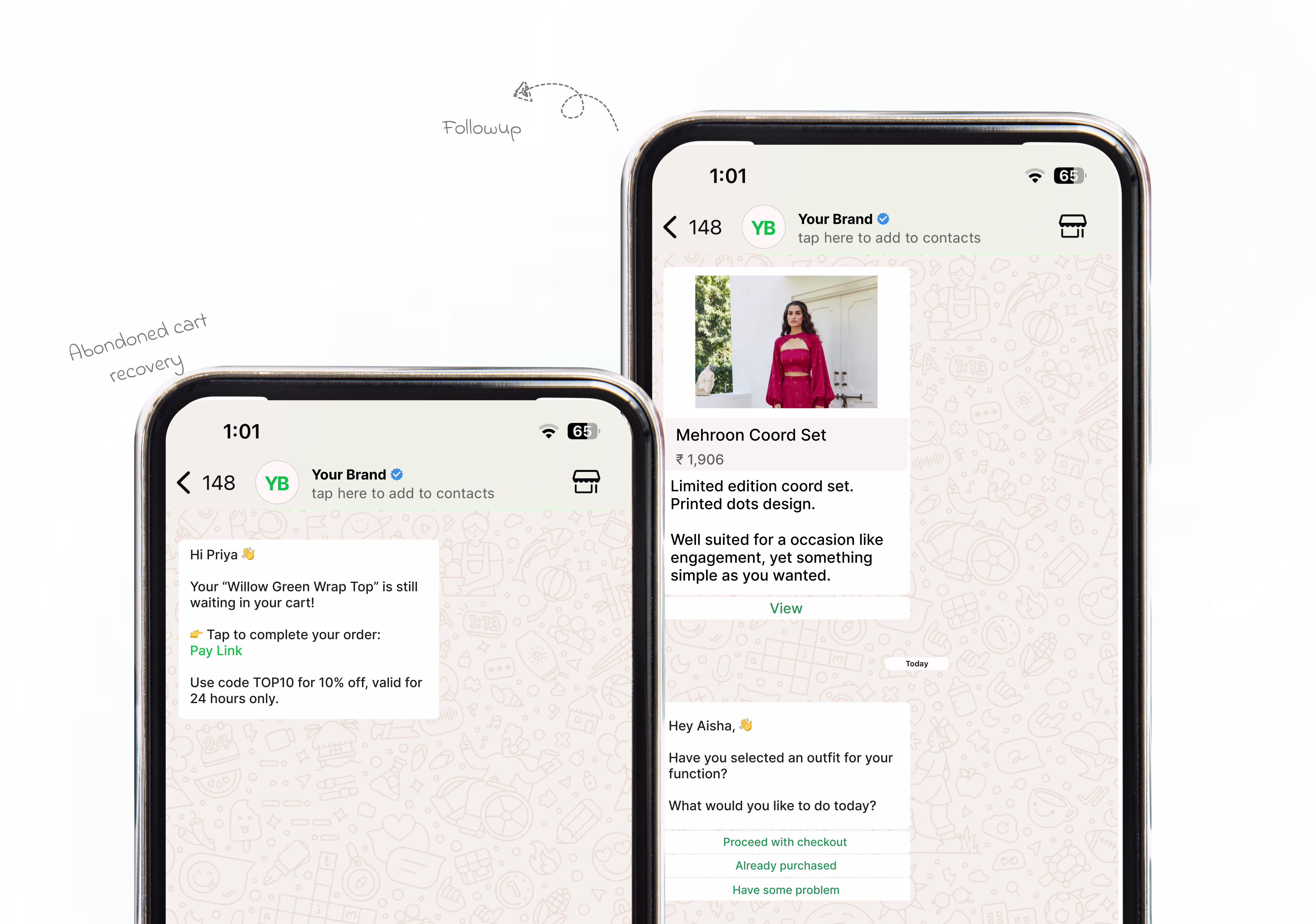 Recover abandoned carts by sending personalized WhatsApp messages that feel human
