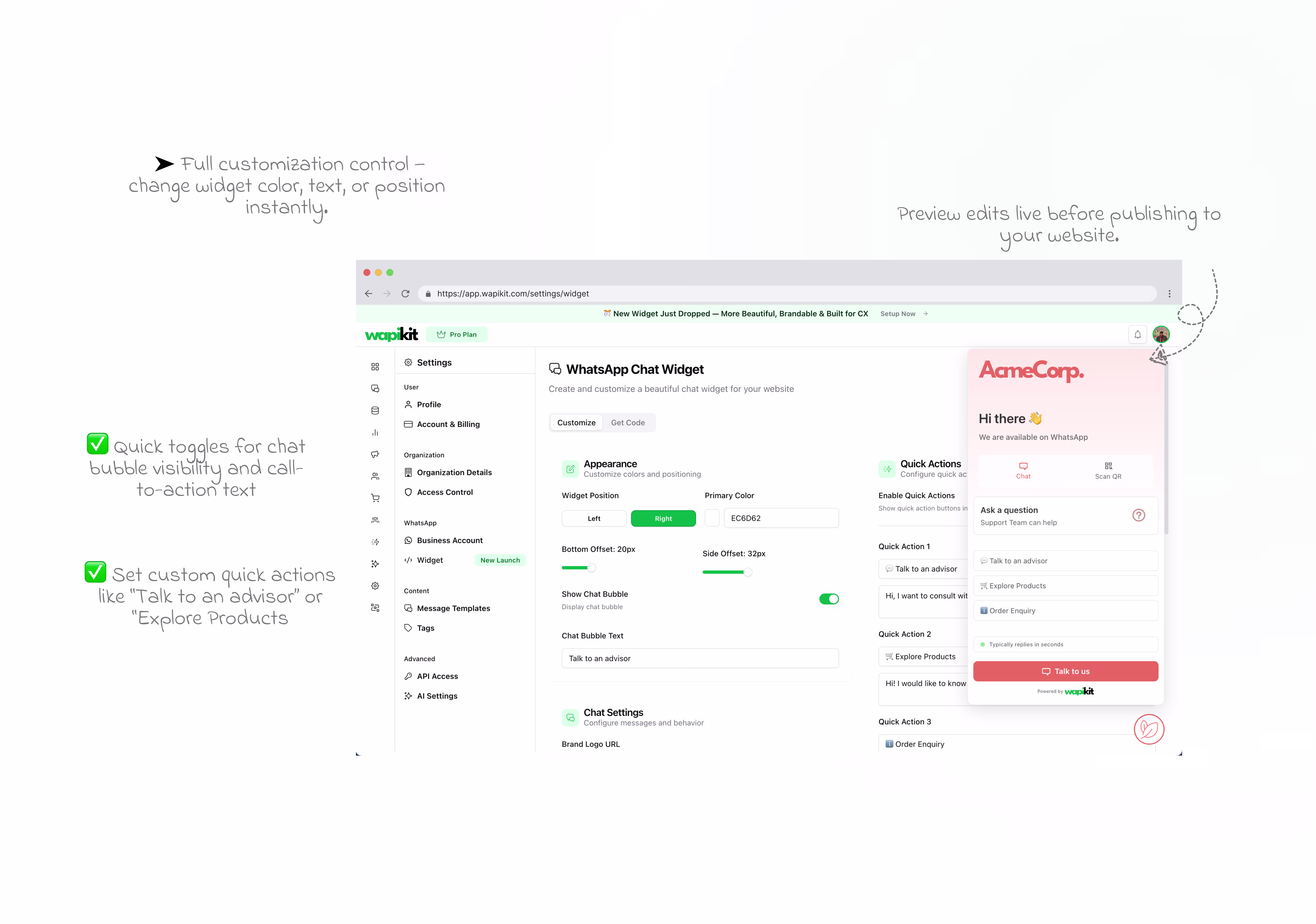 Configurable WhatsApp chat widget for website