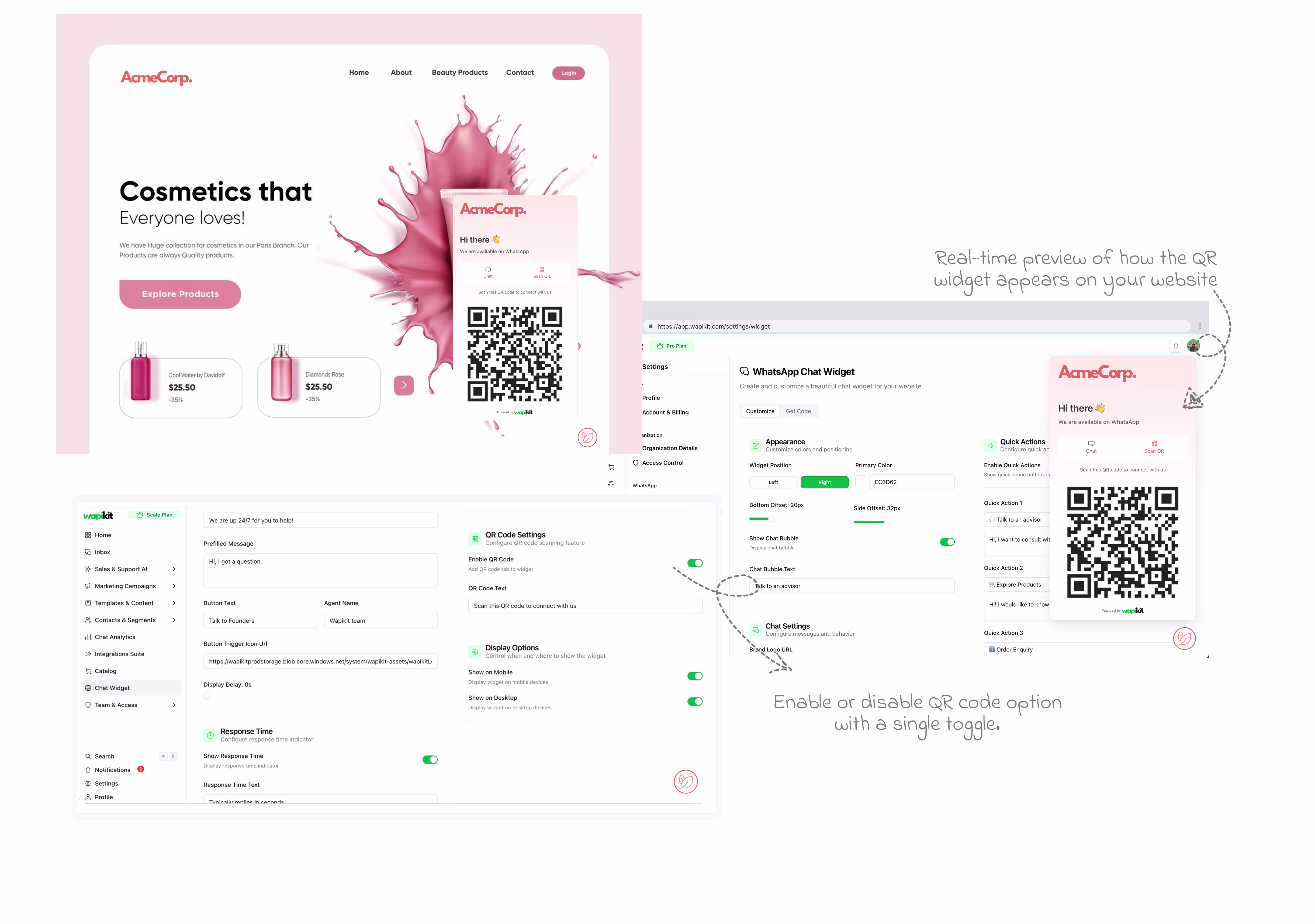 WhatsApp chat widget with QR code for cross device compatibility